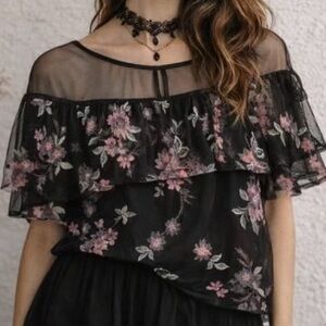 BB Dakota WhimsiGoth, Fairy Grunge Black Embroidered Flowers Sheer Top - Size S